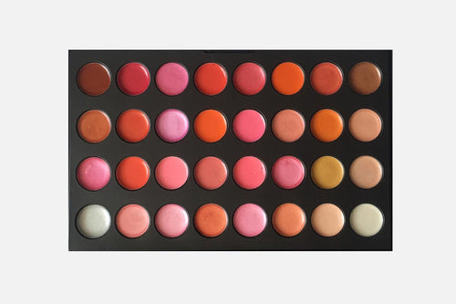 Makeup palette with various lip colors on a white background