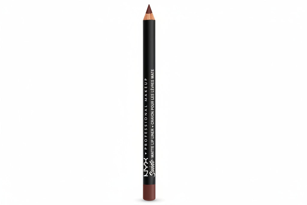 A single NYX Professional Makeup matte lip liner pencil in a dark brown shade, shown vertically against a plain white background.