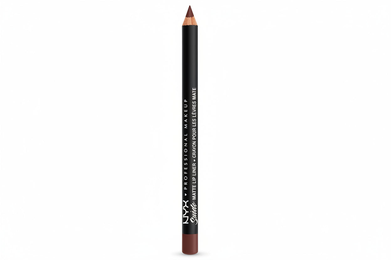 A single NYX Professional Makeup matte lip liner pencil in a dark brown shade, shown vertically against a plain white background.