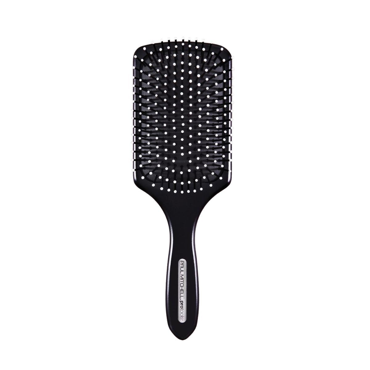A black paddle hairbrush with white bristles and a silver brand label, shown against a plain white background.