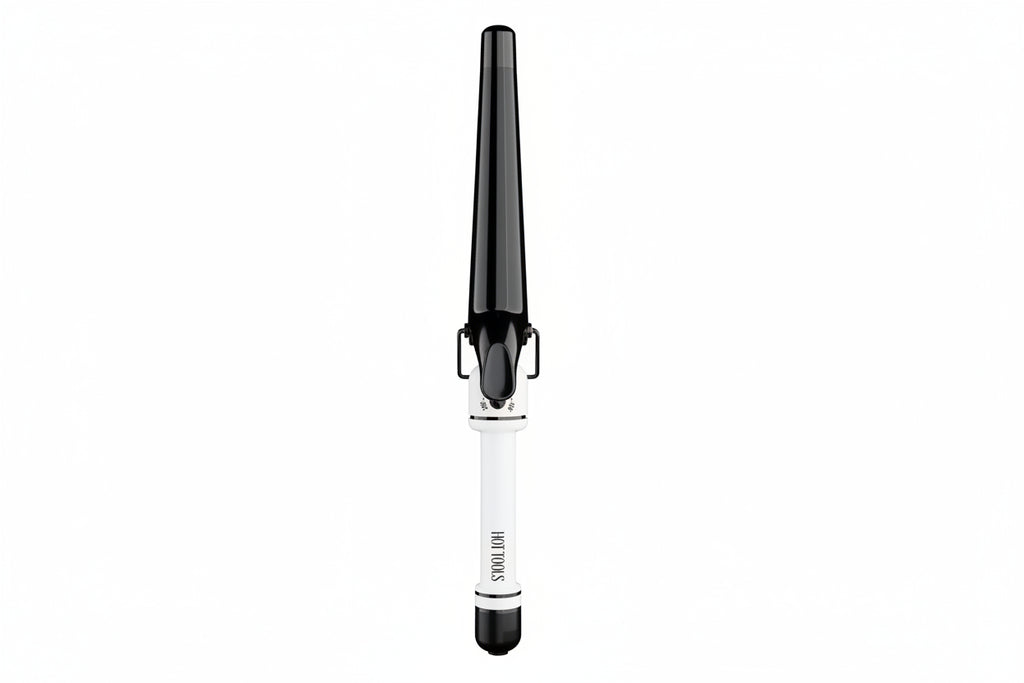A white and black hair curling iron tool with a single black barrel, shown vertically against a plain white background. The handle features a white body with black text reading 'HAIRTOOLS' and a small red power button.