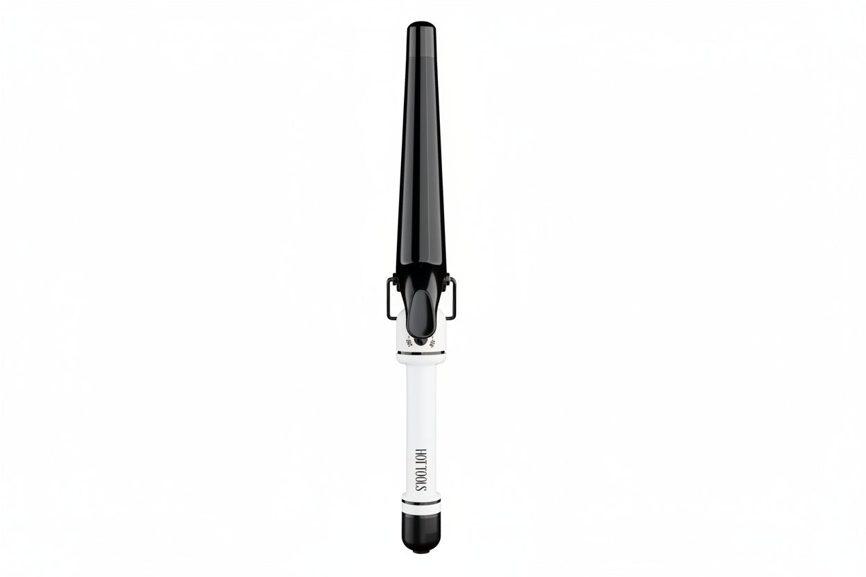 A white and black hair curling iron tool with a single black barrel, shown vertically against a plain white background. The handle features a white body with black text reading 'HAIRTOOLS' and a small red power button.