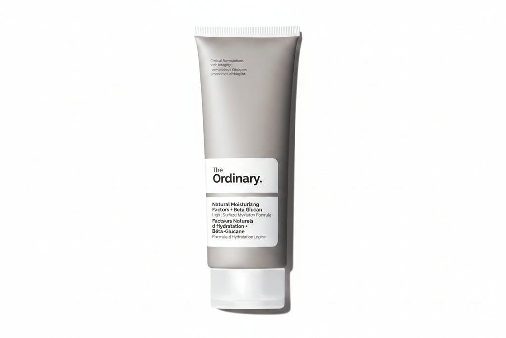 Tube of 'The Ordinary' Natural Moisturizing Factors + Beta Glucan on a white background
