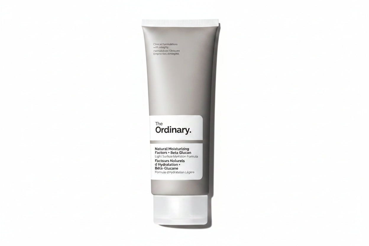 Tube of 'The Ordinary' Natural Moisturizing Factors + Beta Glucan on a white background