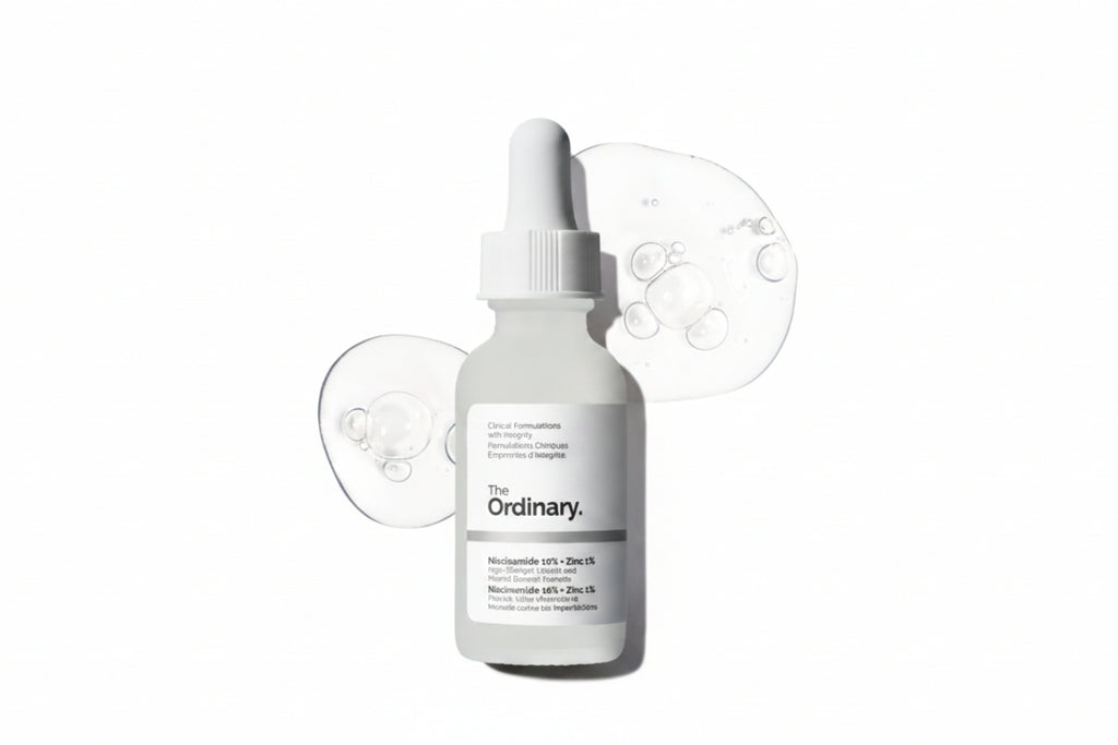 Skincare serum bottle with dropper labeled 'The Ordinary' on a white background