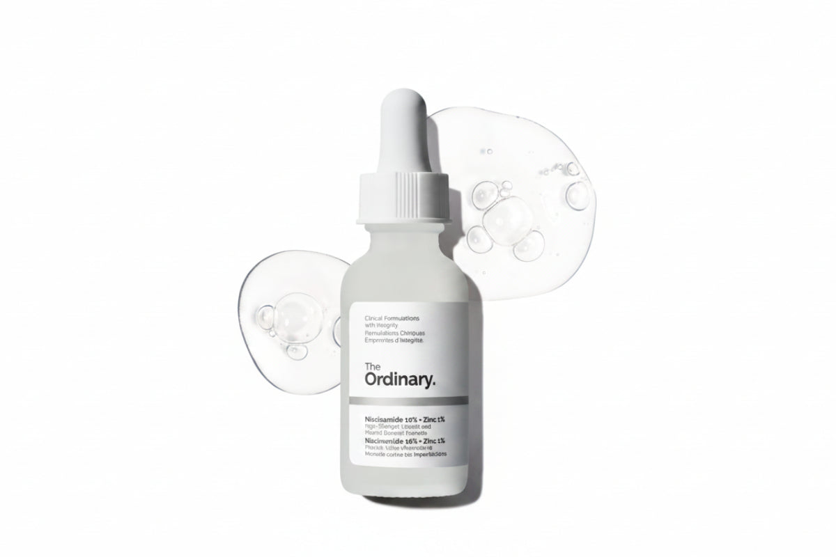Skincare serum bottle with dropper labeled 'The Ordinary' on a white background
