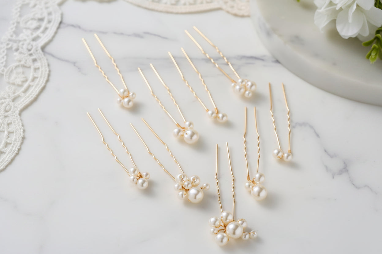 Gold hairpins with pearls on a marble surface