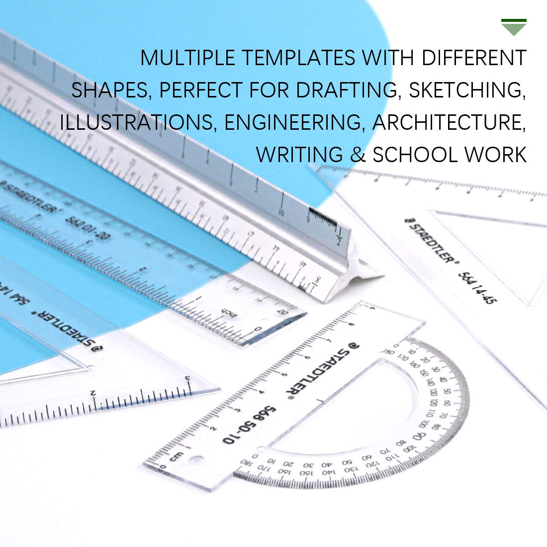 Keadic 12 Pieces Plastic Drawing Template Ruler Kit with Aluminum Architect Scale
