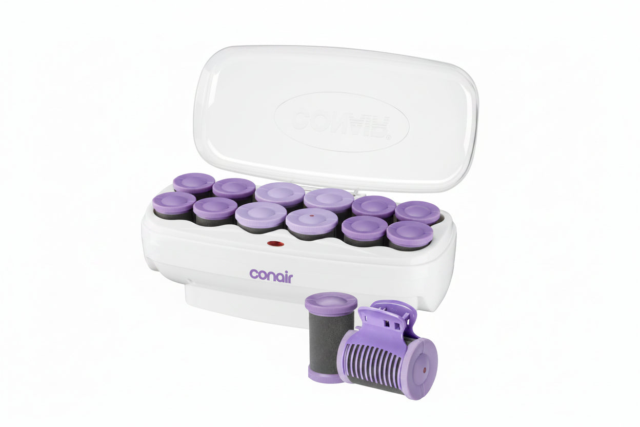 Conair hair curler with purple rollers on a white background