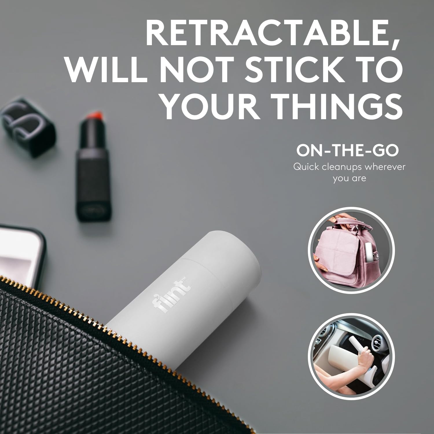 White Retractable Mini Lint Roller with 30 Extra Sticky Sheets