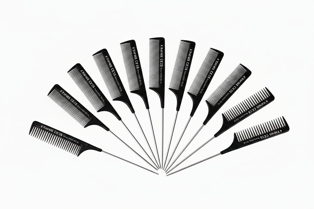 Set of black hair combs with visible brand name on a white background