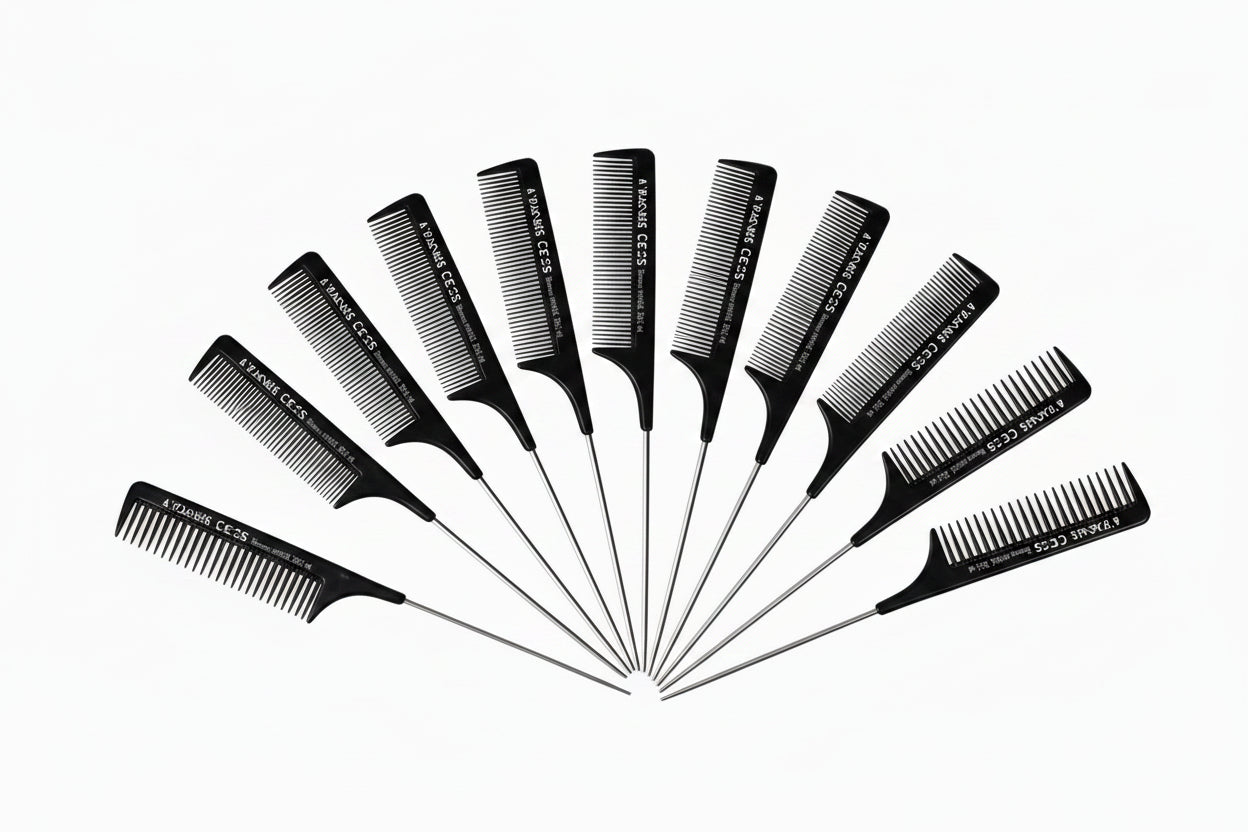 Set of black hair combs with visible brand name on a white background