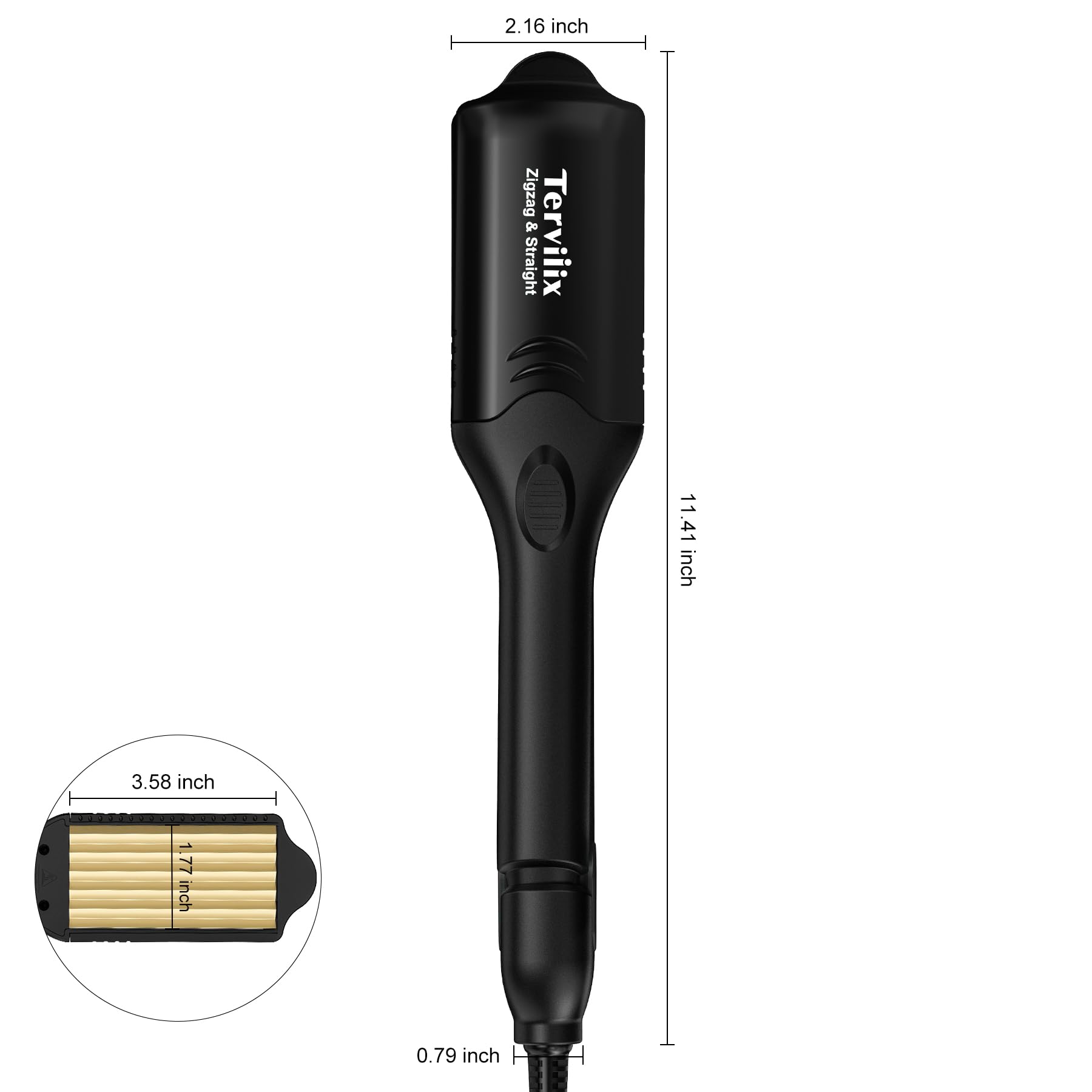 Black Terijlix curling iron shown on a white background with dimension labels for width, length, and barrel size, plus a circular inset showing the curling barrel interior.