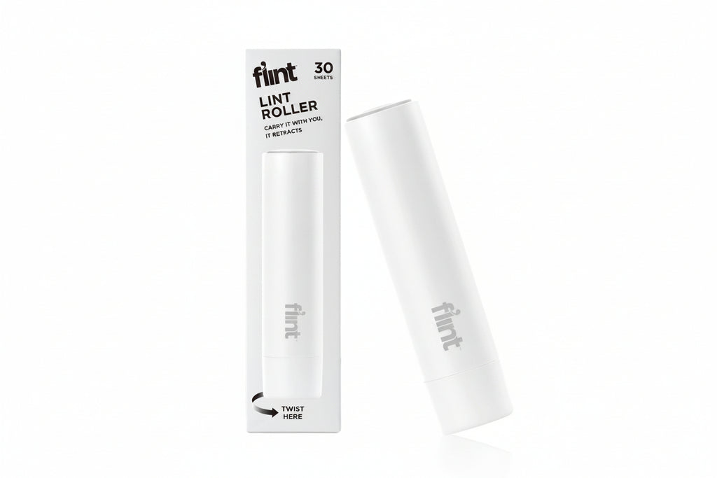 White lint roller with packaging labeled 'flint' on a white background