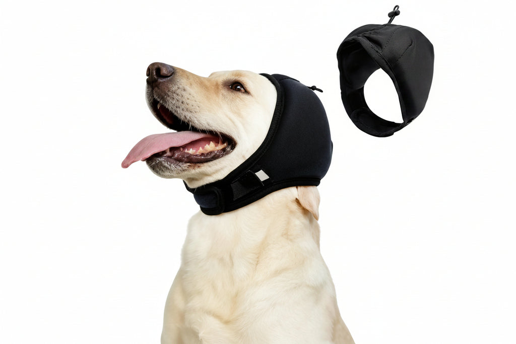 A light cream-colored Labrador retriever wearing a black dog head collar, shown alongside a floating product view of the black collar on a plain white background.