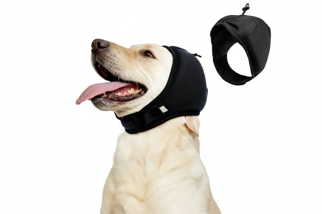 A light cream-colored Labrador retriever wearing a black dog head collar, shown alongside a floating product view of the black collar on a plain white background.