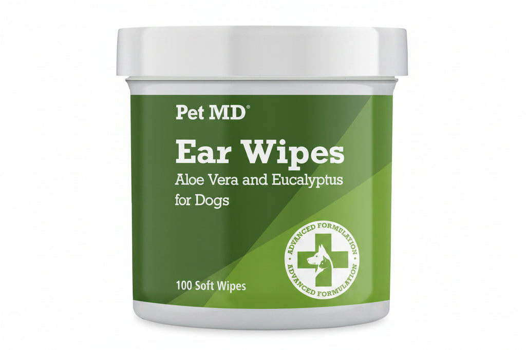 Pet MD Ear Wipes container with green label on a white background