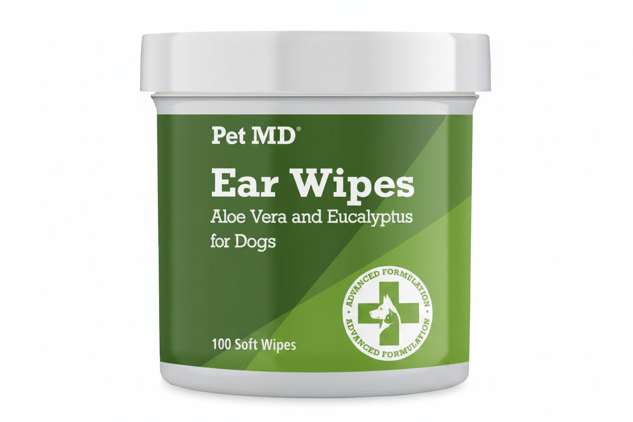 Pet MD Ear Wipes container with green label on a white background