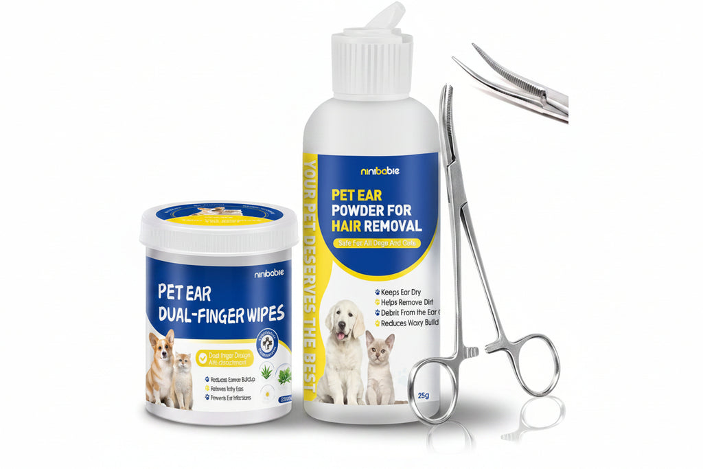 Pet ear care products including powder, wipes, and tools on a white background