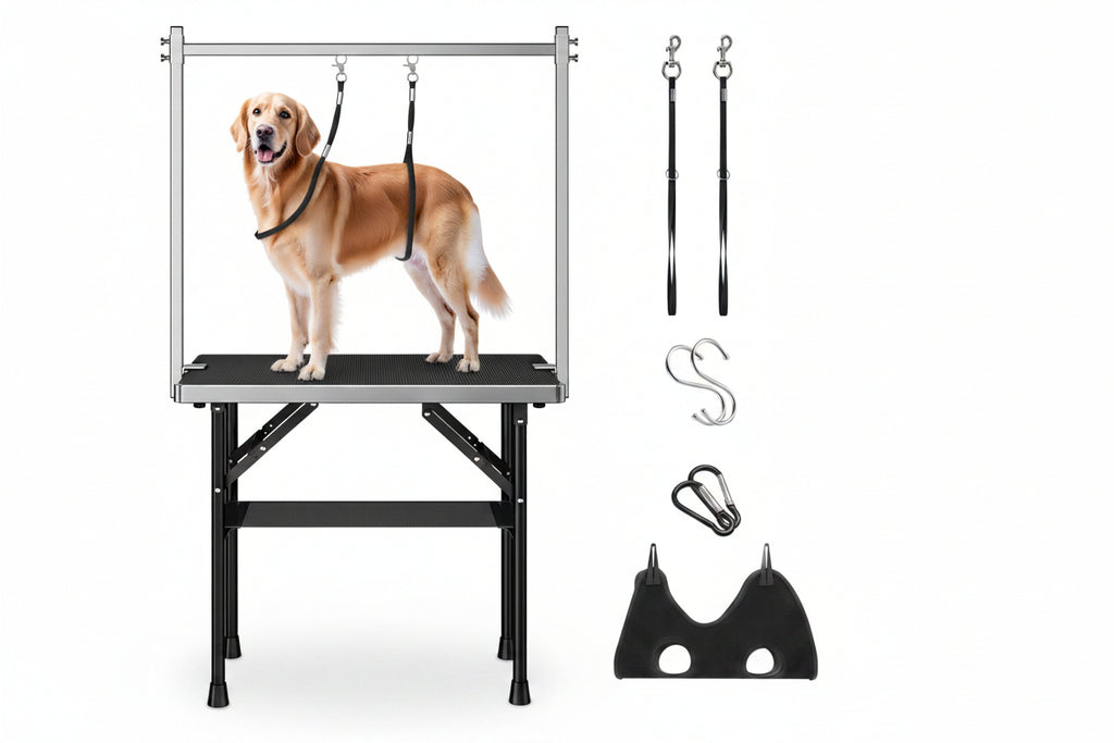 A dog grooming table set with a golden retriever standing on the grooming table, shown with included accessories: two vertical arm loops, two S-hooks, two carabiners, and a black non-slip pad. The main product is the grooming table, and the dog is present, so this is classified as Lifestyle rather than Product/Packaging.