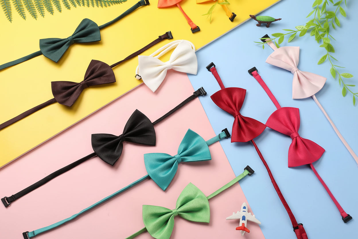 Colorful bow ties on a multicolored background with green leaves.