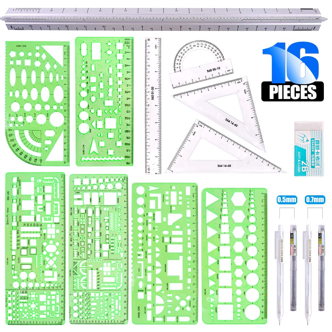 Glarks 16 Pieces Measuring Templates & Rulers