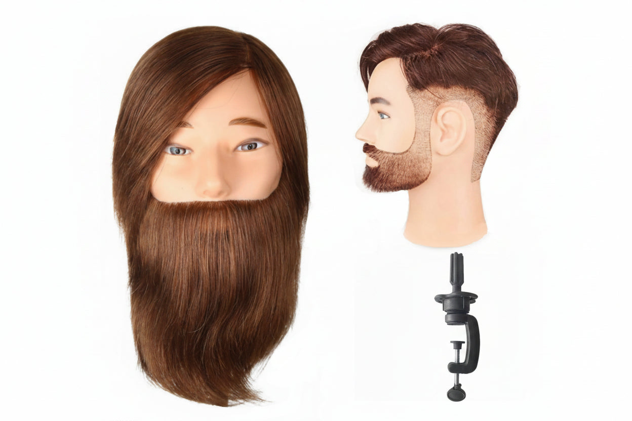 Mannequin head with brown hair and beard, attached to a clamp on a white background