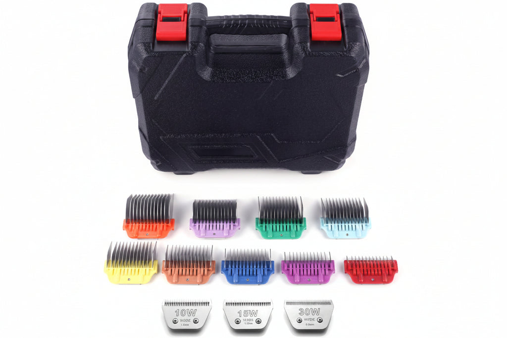 Black grooming tool case with colorful attachments on a white background
