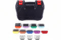 Black grooming tool case with colorful attachments on a white background