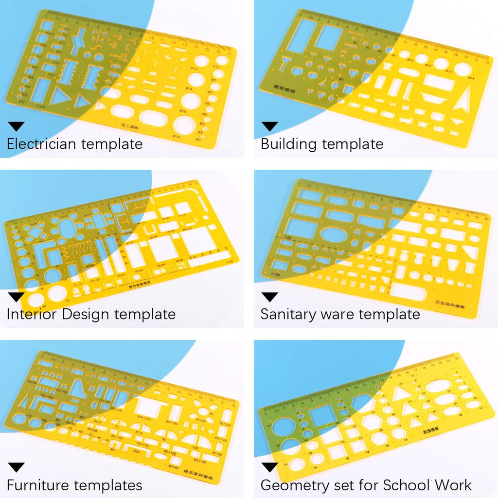 Keadic 12 Pieces Plastic Drawing Template Ruler Kit with Aluminum Architect Scale