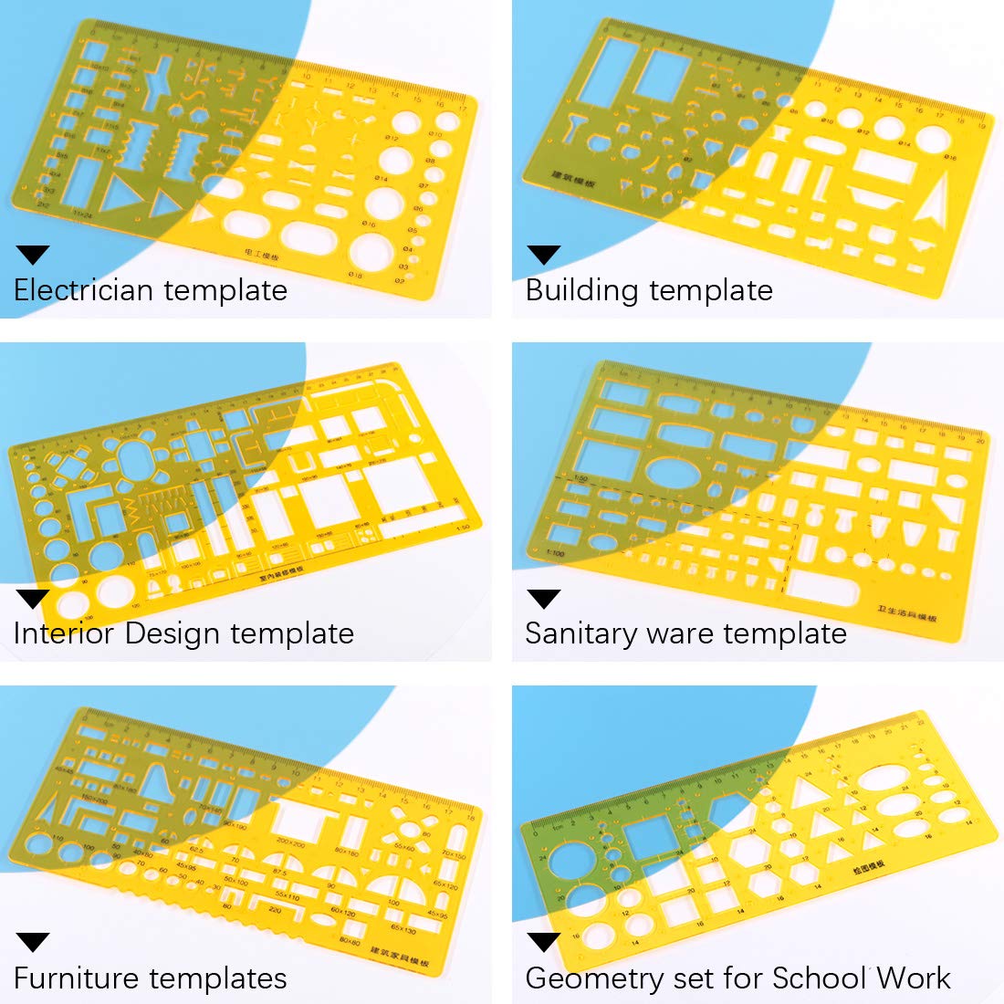 Keadic 12 Pieces Plastic Drawing Template Ruler Kit with Aluminum Architect Scale