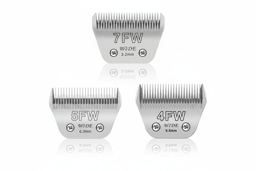 Three silver metal clipper blades labeled 7FW, 5FW, and 4FW WIDE with different blade widths (3.2mm, 6.