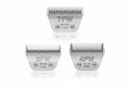 Three silver metal clipper blades labeled 7FW, 5FW, and 4FW WIDE with different blade widths (3.2mm, 6.