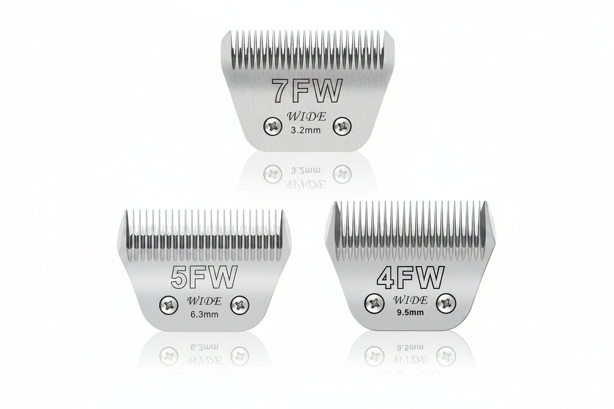 Three silver metal clipper blades labeled 7FW, 5FW, and 4FW WIDE with different blade widths (3.2mm, 6.