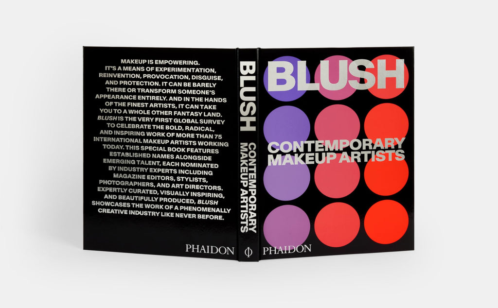 The front and spine of the book 'Blush: Contemporary Makeup Artists' by Phaidon, displayed on a clean white background. The cover features a black background with bold white title text and a series of colorful makeup circles in purple, pink, red, and orange.