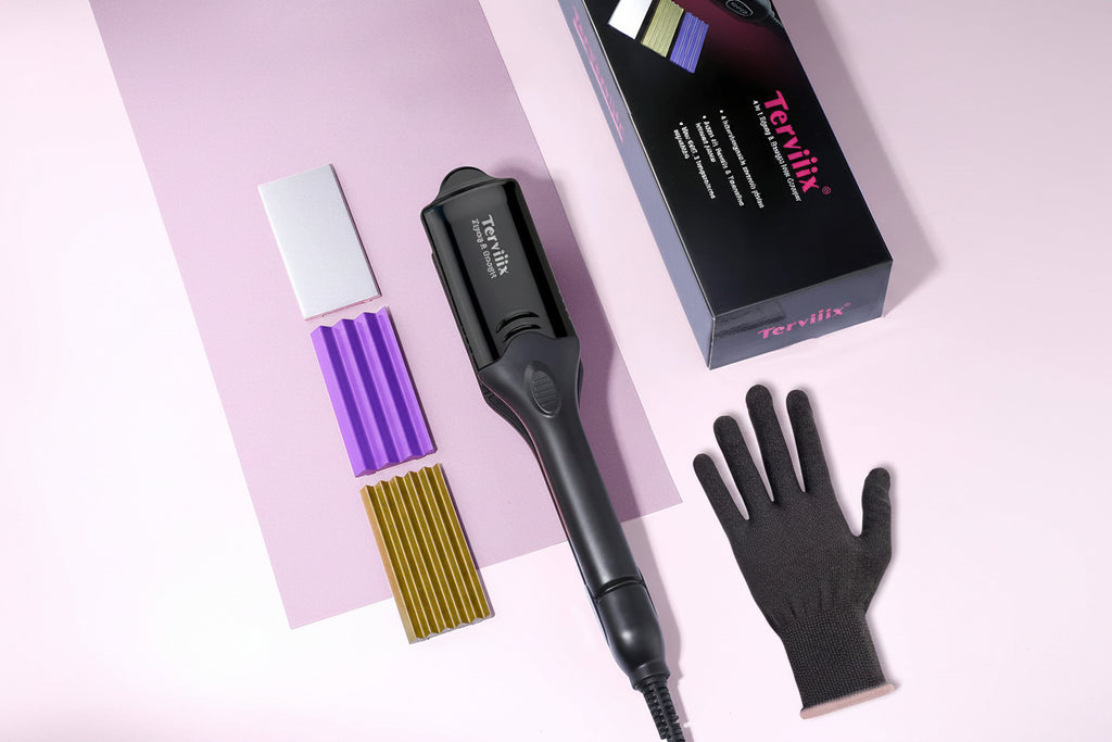 Tervillik hair styling tool set on a pastel pink background, featuring a black flat iron, a black protective glove, a black retail box, and three color-changing plates in white, purple, and gold.