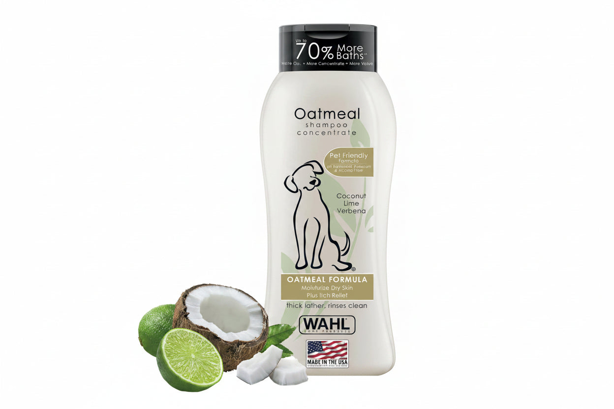 Wahl Oatmeal shampoo concentrate bottle with coconut, lime, and verbena on a white background