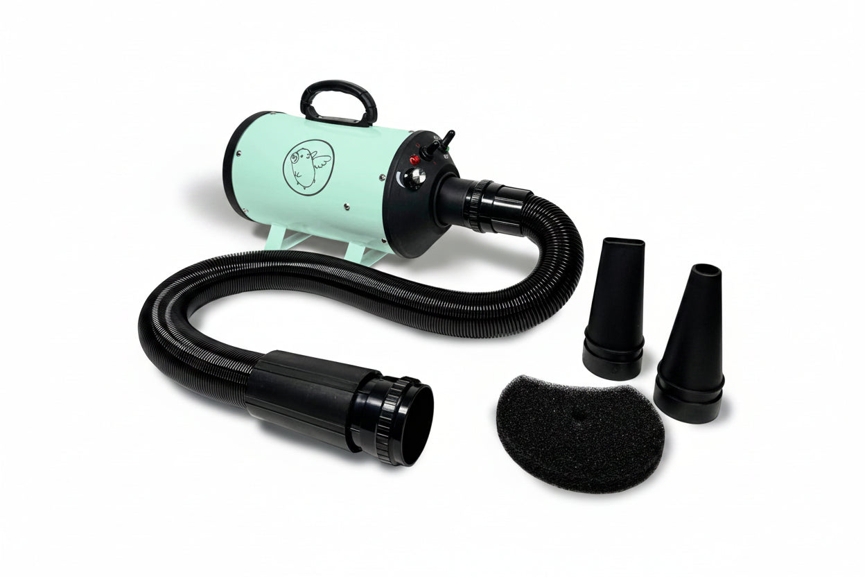 Pet grooming dryer with attachments on a white background
