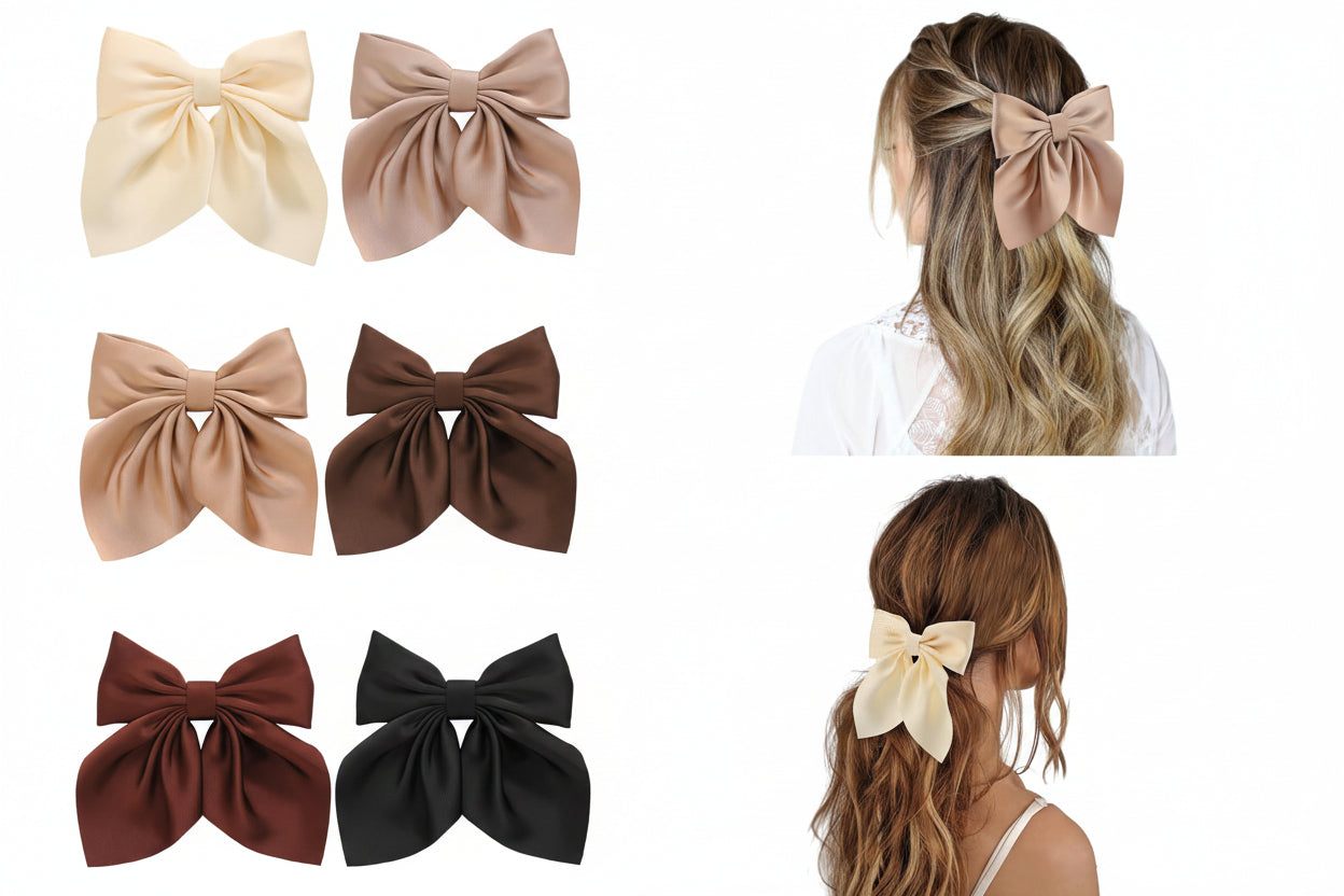 Set of large hair bows in various colors with examples worn in hair.