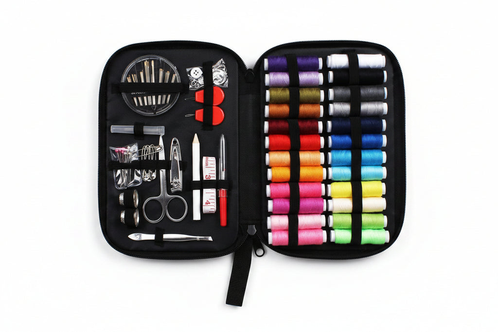 Sewing kit with colorful thread spools and sewing tools in a black case.