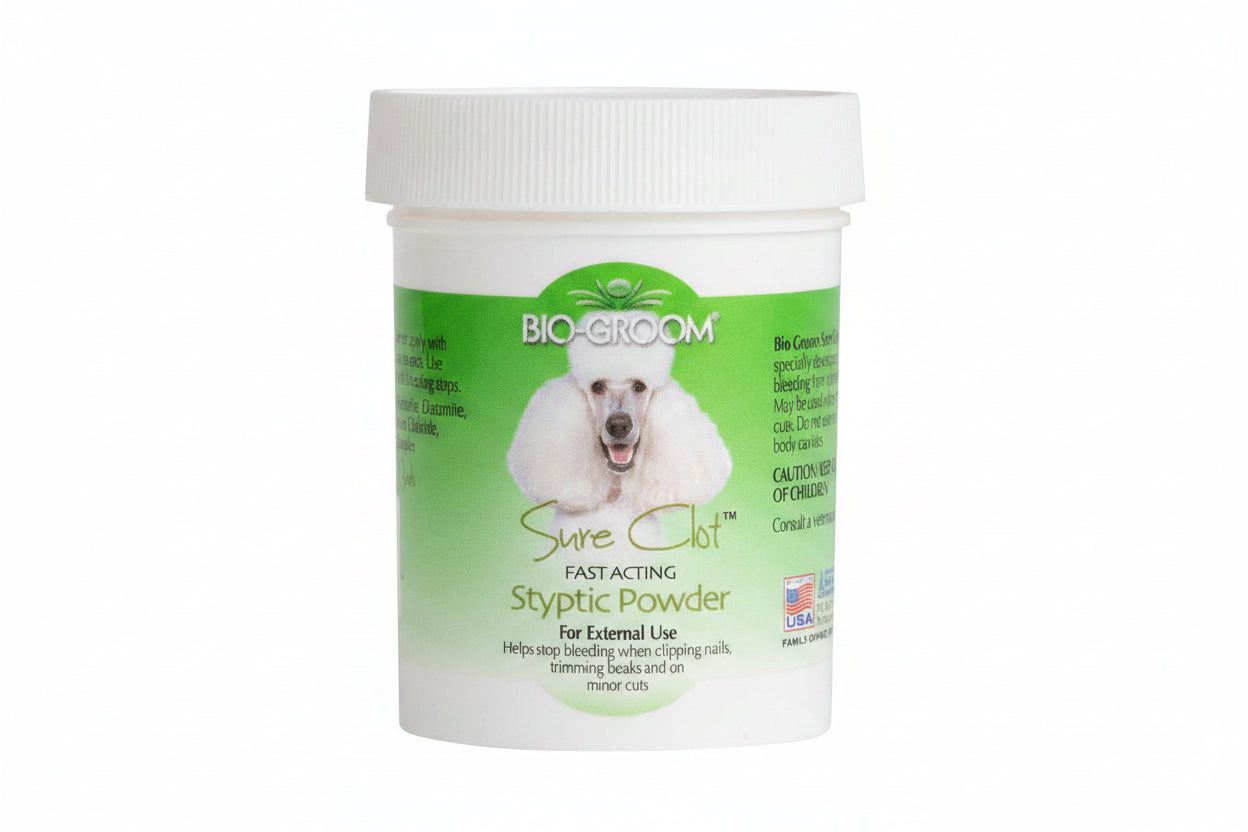 Bio-Groom Sure Clot Styptic Powder container with a white lid and green label featuring a dog.