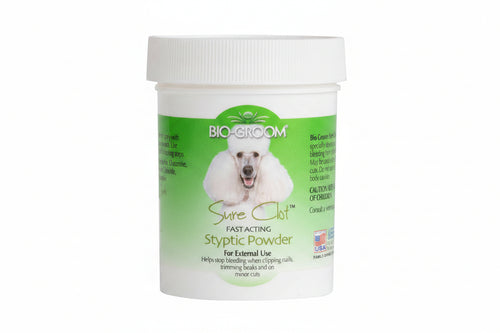 Bio-Groom Sure Clot Styptic Powder container with a white lid and green label featuring a dog.