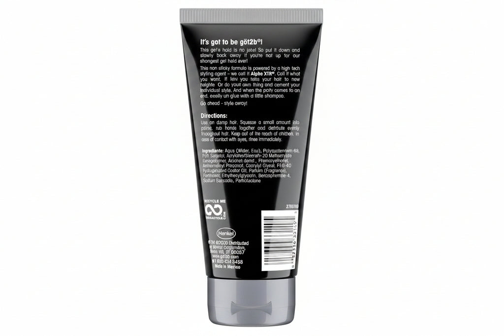 Back of a hair product tube with text and branding on a white background