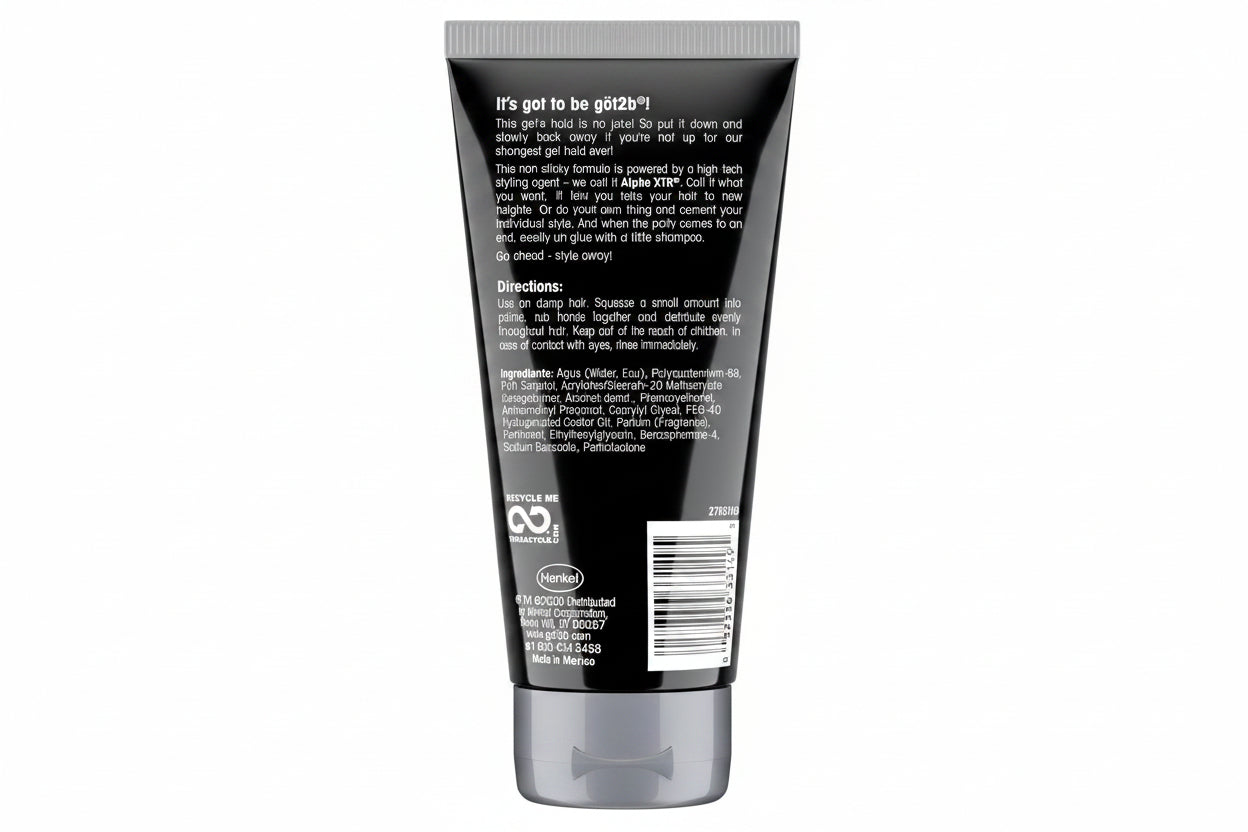 Back of a hair product tube with text and branding on a white background
