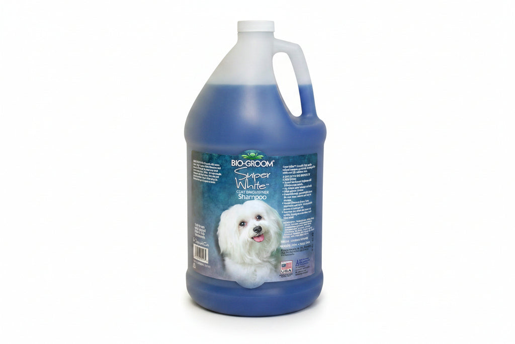 Gallon bottle of Bio-Groom Super White dog shampoo on a white background