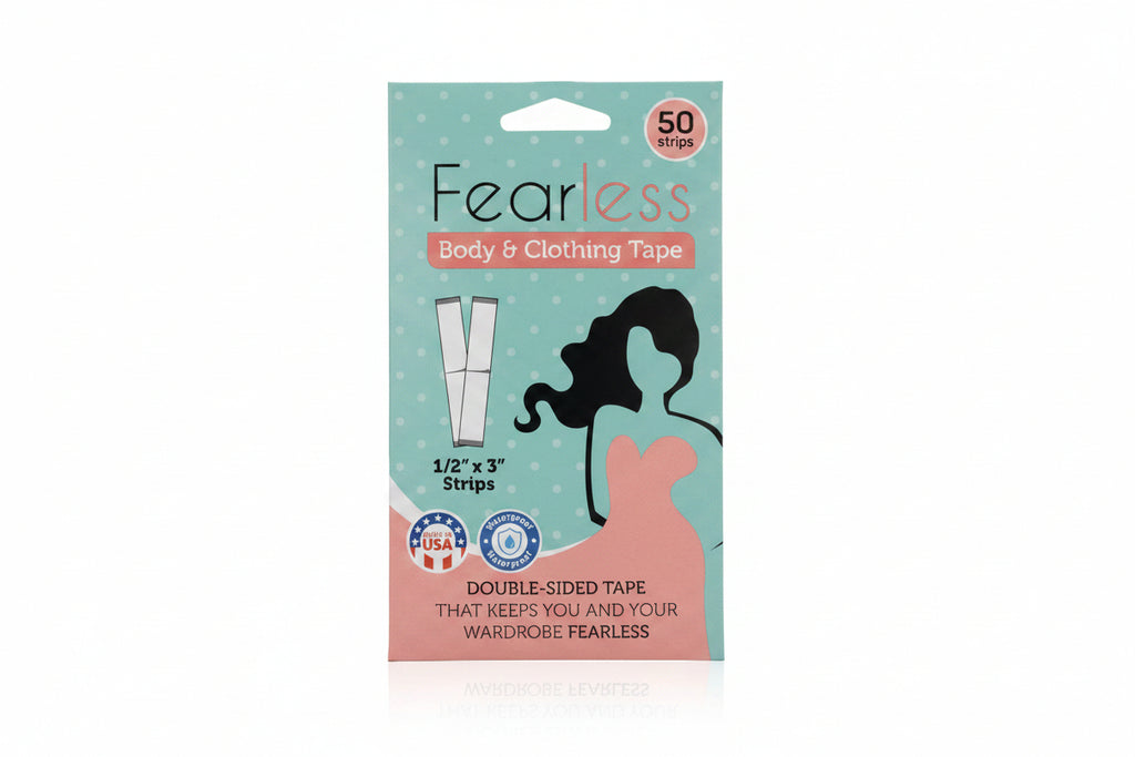 Packaging of Fearless body and clothing tape with text and graphics on a white background