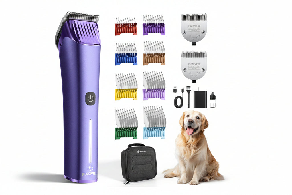 Purple pet grooming clipper with attachments and a dog on a white background