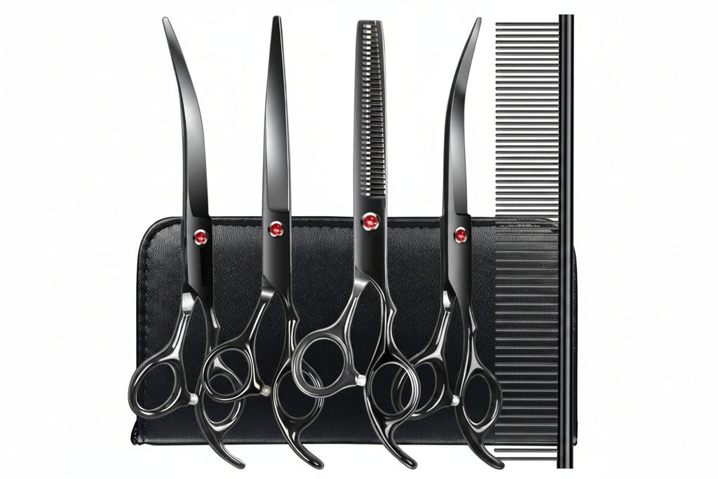 Set of black hairdressing scissors and a comb on a white background