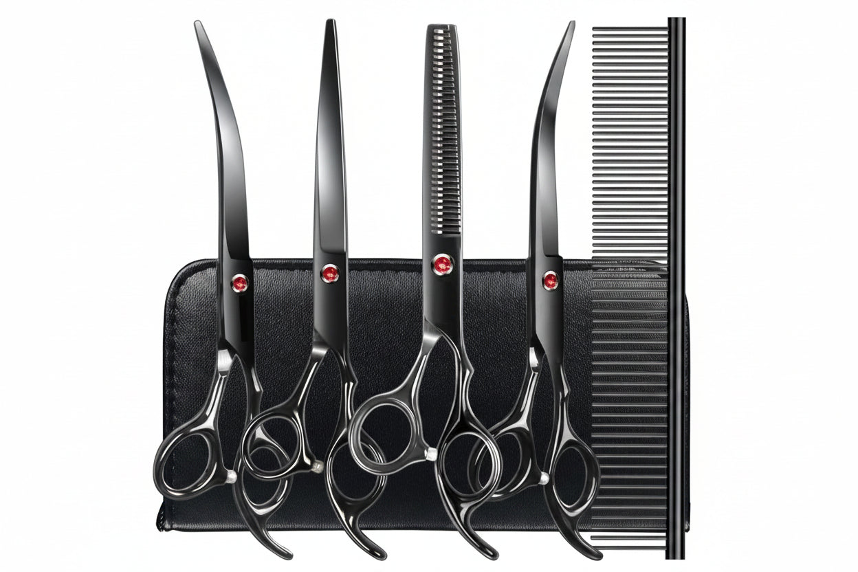 Set of black hairdressing scissors and a comb on a white background