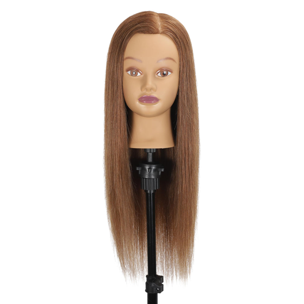 A long straight wig with medium brown to light brown color, displayed on a mannequin head stand against a plain white background.